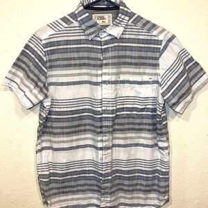 Free Planet Mens White/Gray Striped Collared Short Sleeve Button Up Shirt